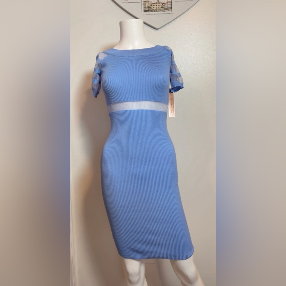 Almost Famous S Baby Blue Knit Bodycon Dress Boat Neck Short Sheer Sleeves